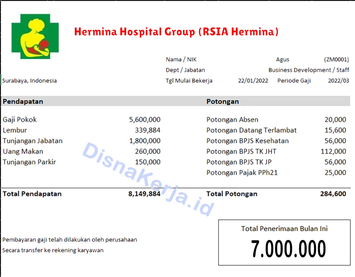 Slip Gaji Hermina Hospital Group (RSIA Hermina)