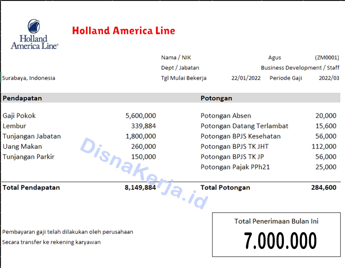 Slip Gaji Holland America Line