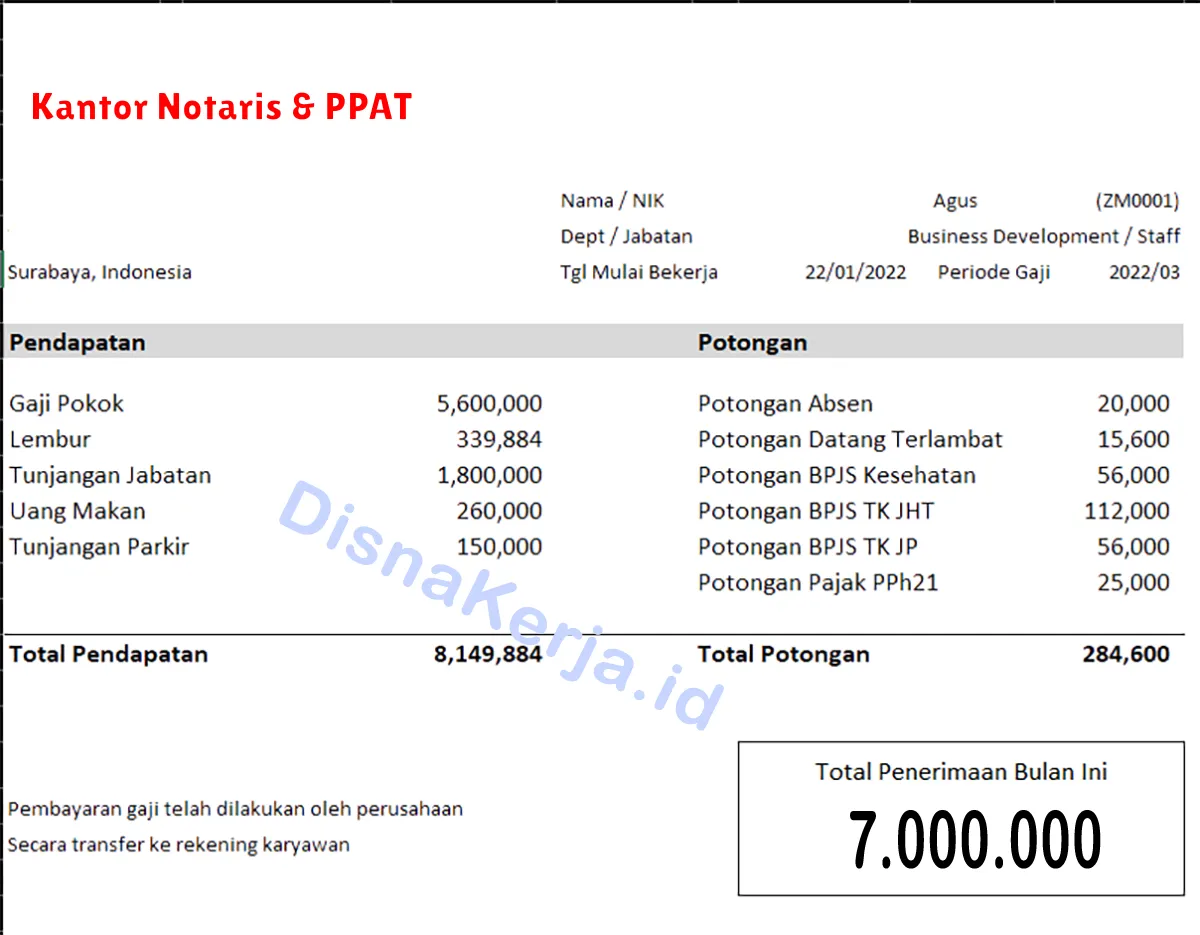 Slip Gaji Kantor Notaris & PPAT