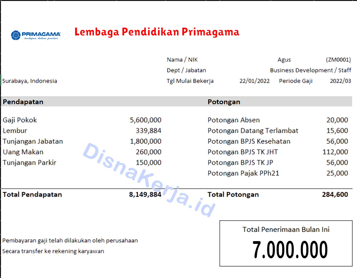 Slip Gaji Lembaga Pendidikan Primagama