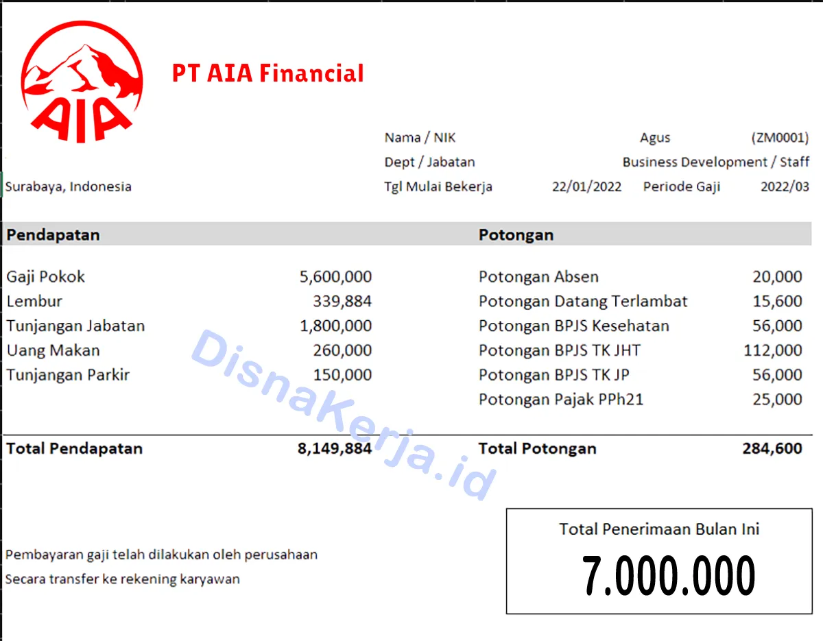 Slip Gaji PT AIA Financial