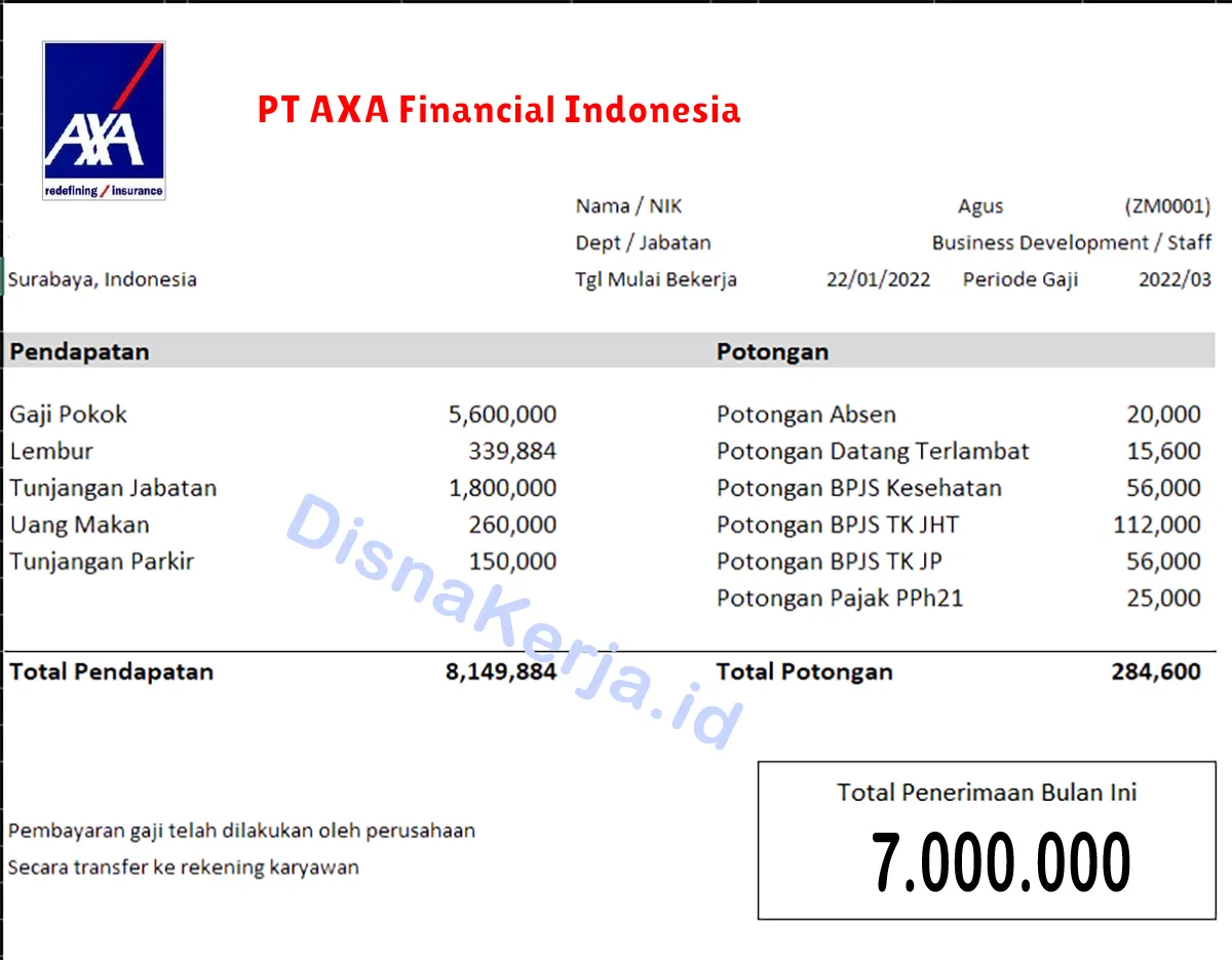 Slip Gaji PT AXA Financial Indonesia