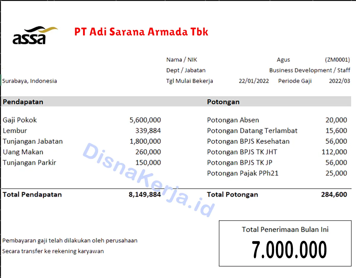 Slip Gaji PT Adi Sarana Armada Tbk