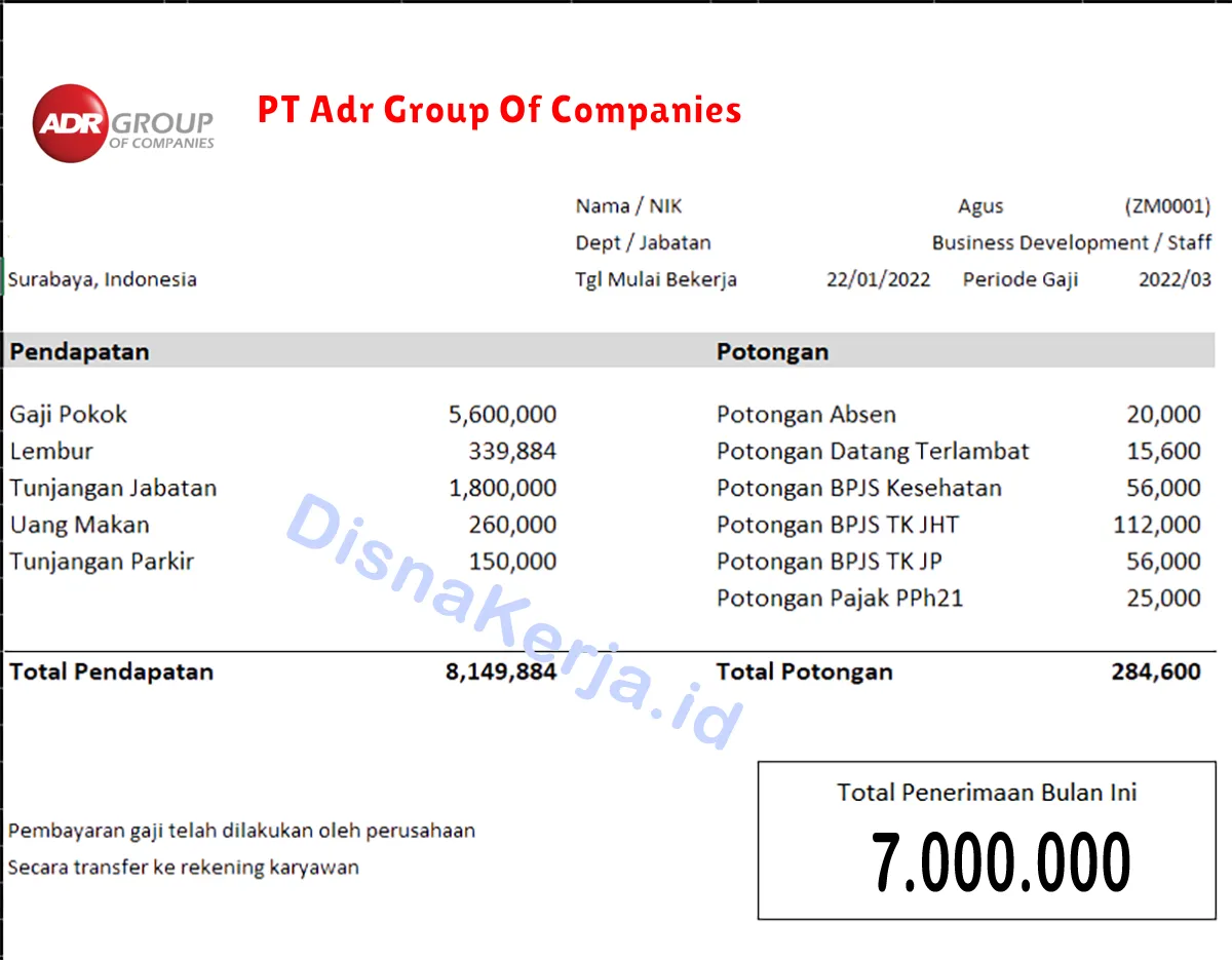 Slip Gaji PT Adr Group Of Companies