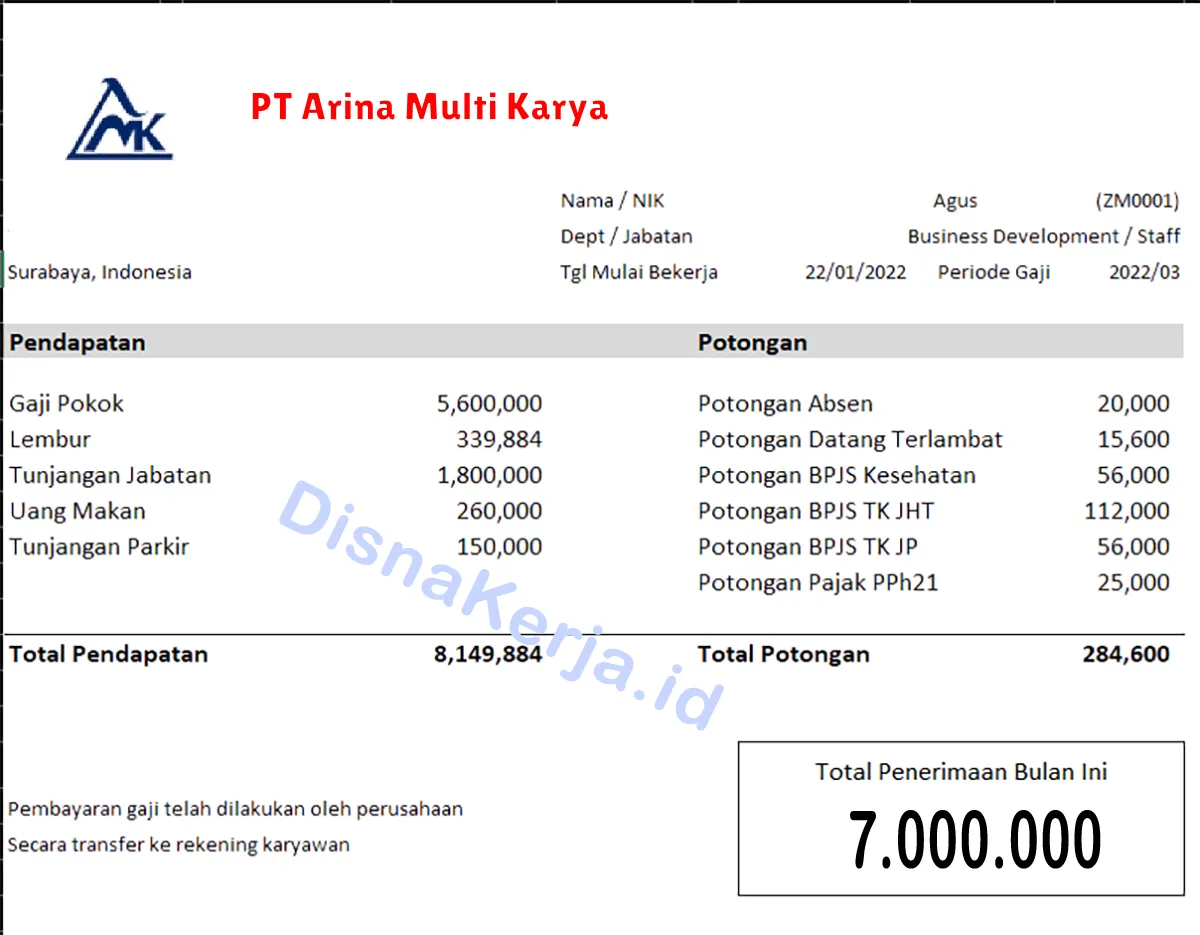 Slip Gaji PT Arina Multi Karya