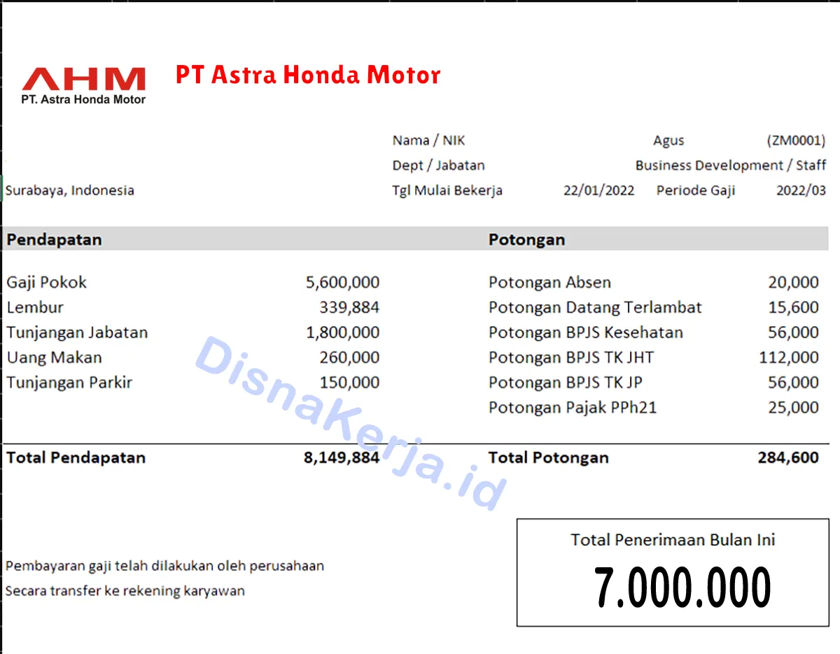 Slip Gaji PT Astra Honda Motor