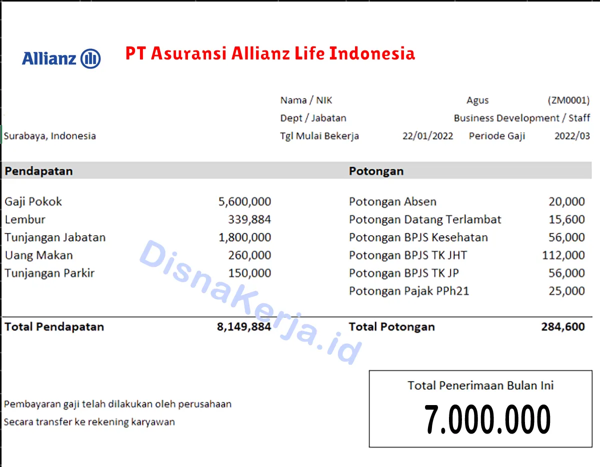 Slip Gaji PT Asuransi Allianz Life Indonesia