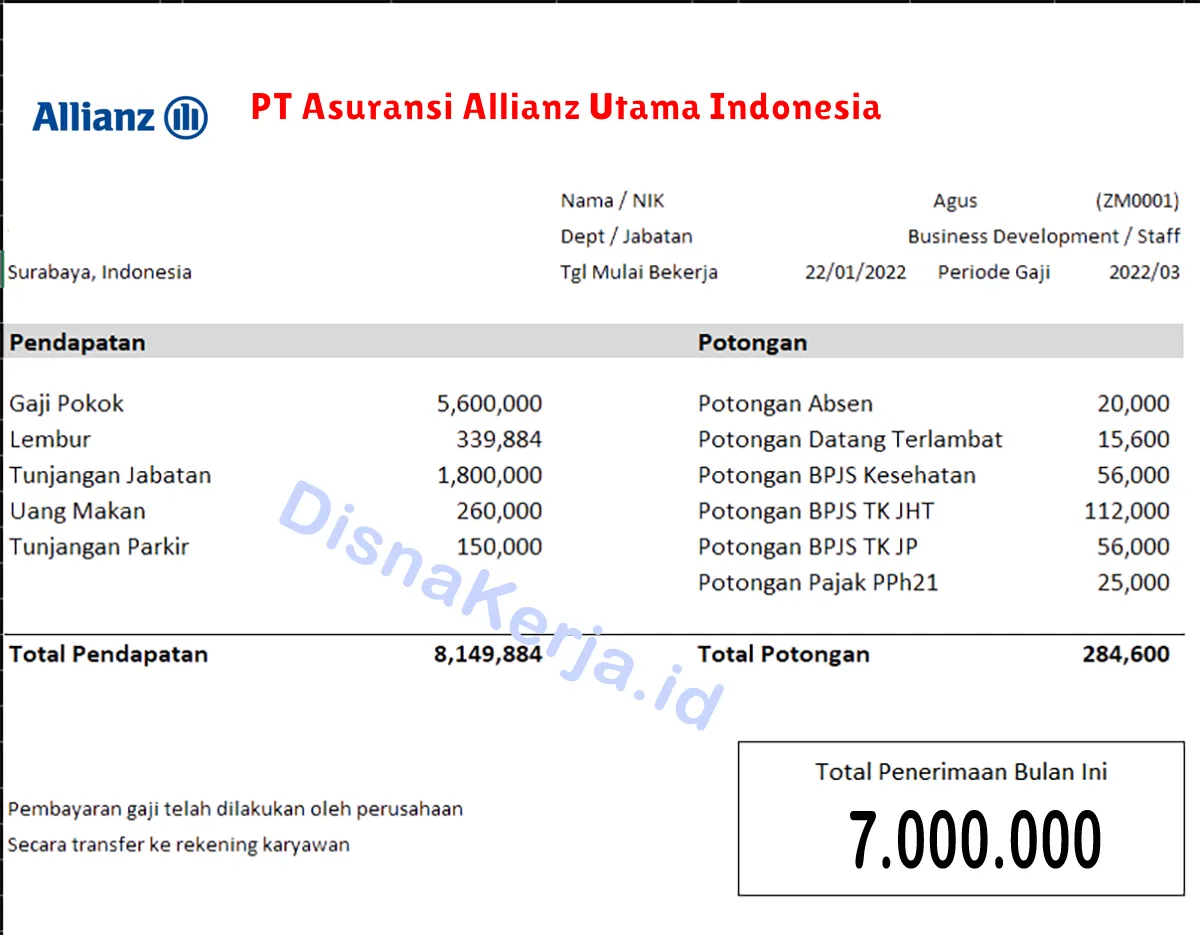 Slip Gaji PT Asuransi Allianz Utama Indonesia