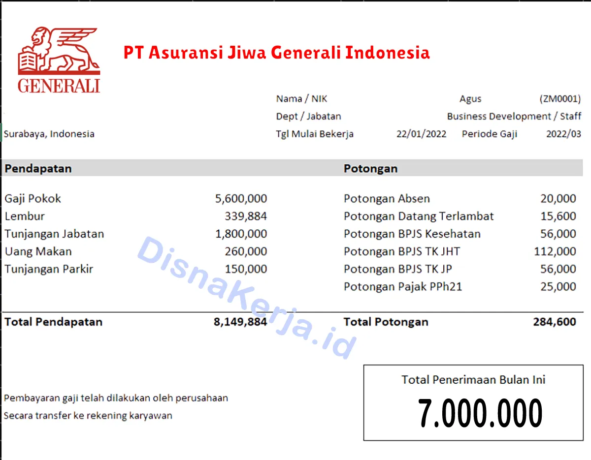 Slip Gaji PT Asuransi Jiwa Generali Indonesia