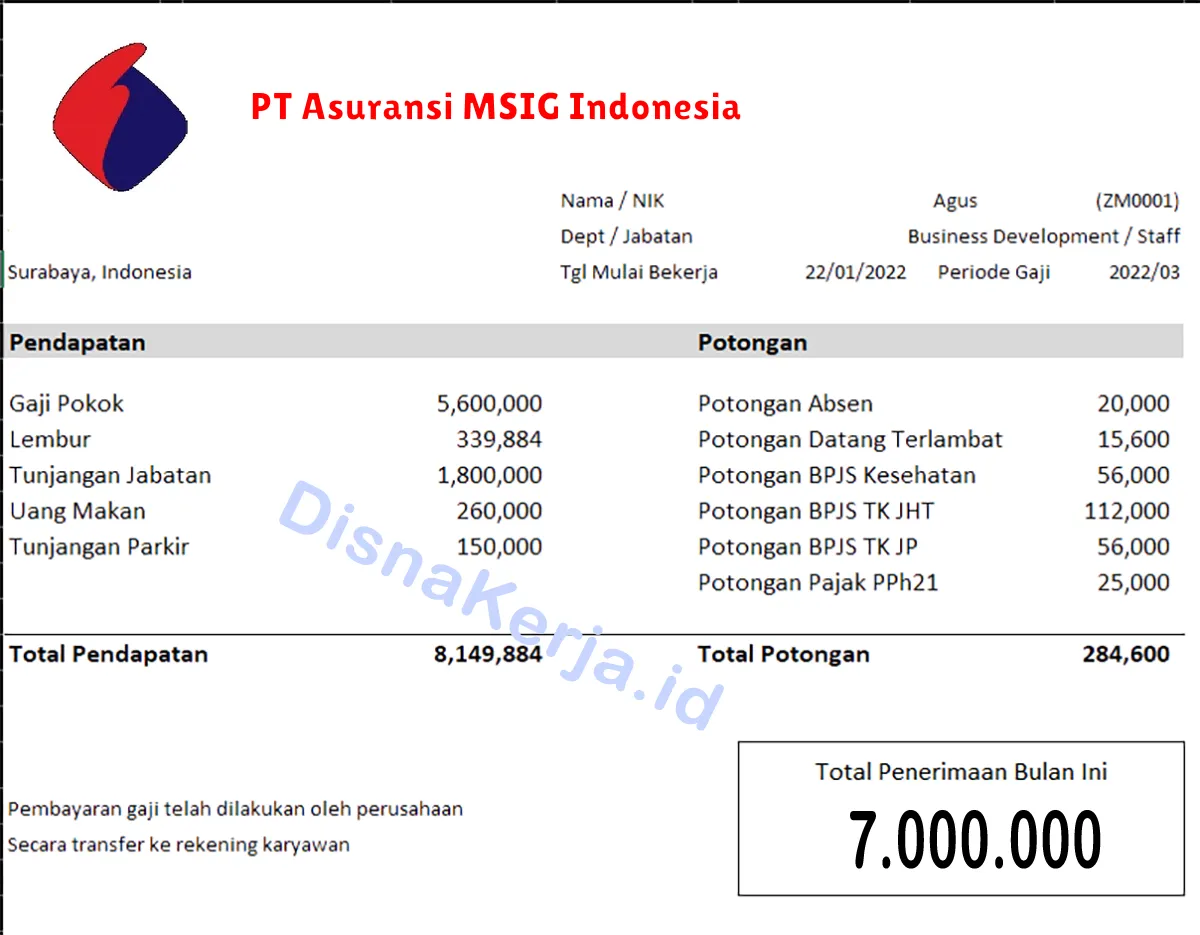 Slip Gaji PT Asuransi MSIG Indonesia