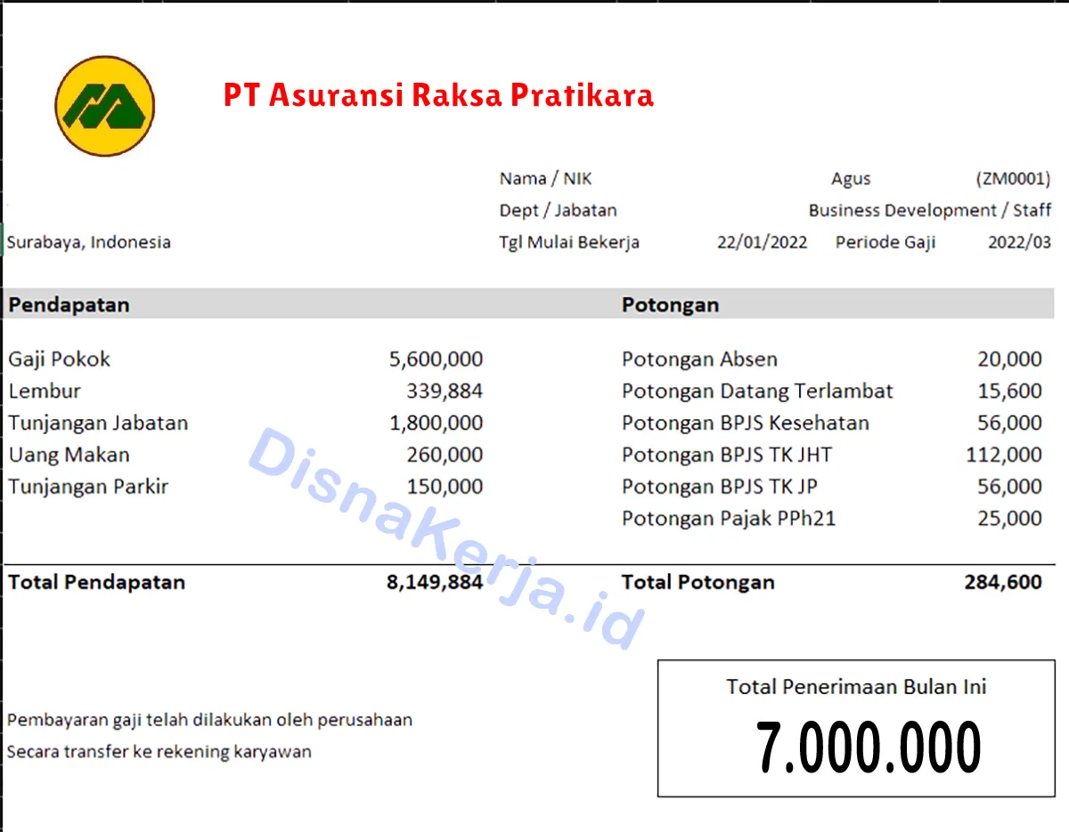 Slip Gaji PT Asuransi Raksa Pratikara