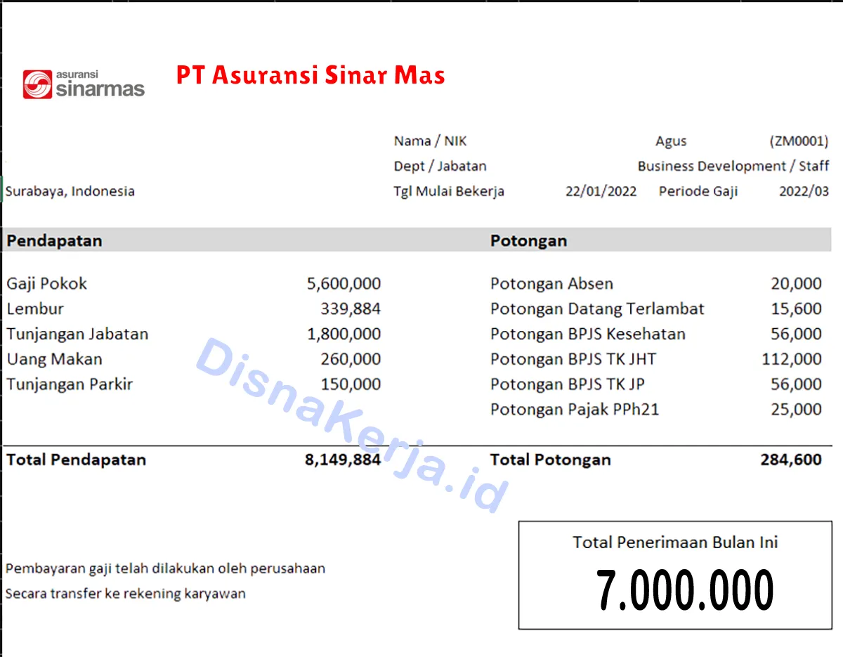 Slip Gaji PT Asuransi Sinar Mas