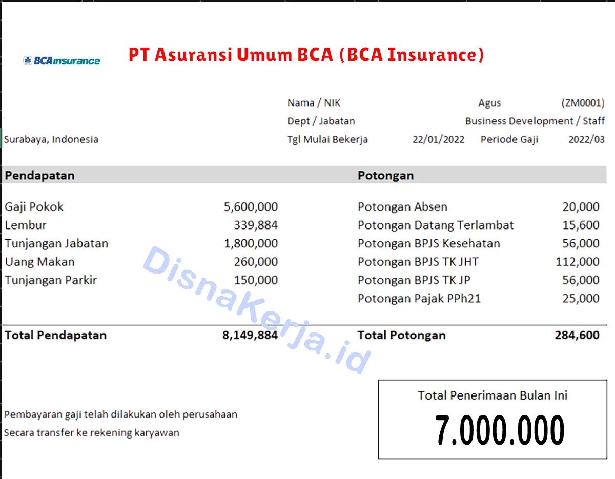 Slip Gaji PT Asuransi Umum BCA (BCA Insurance)