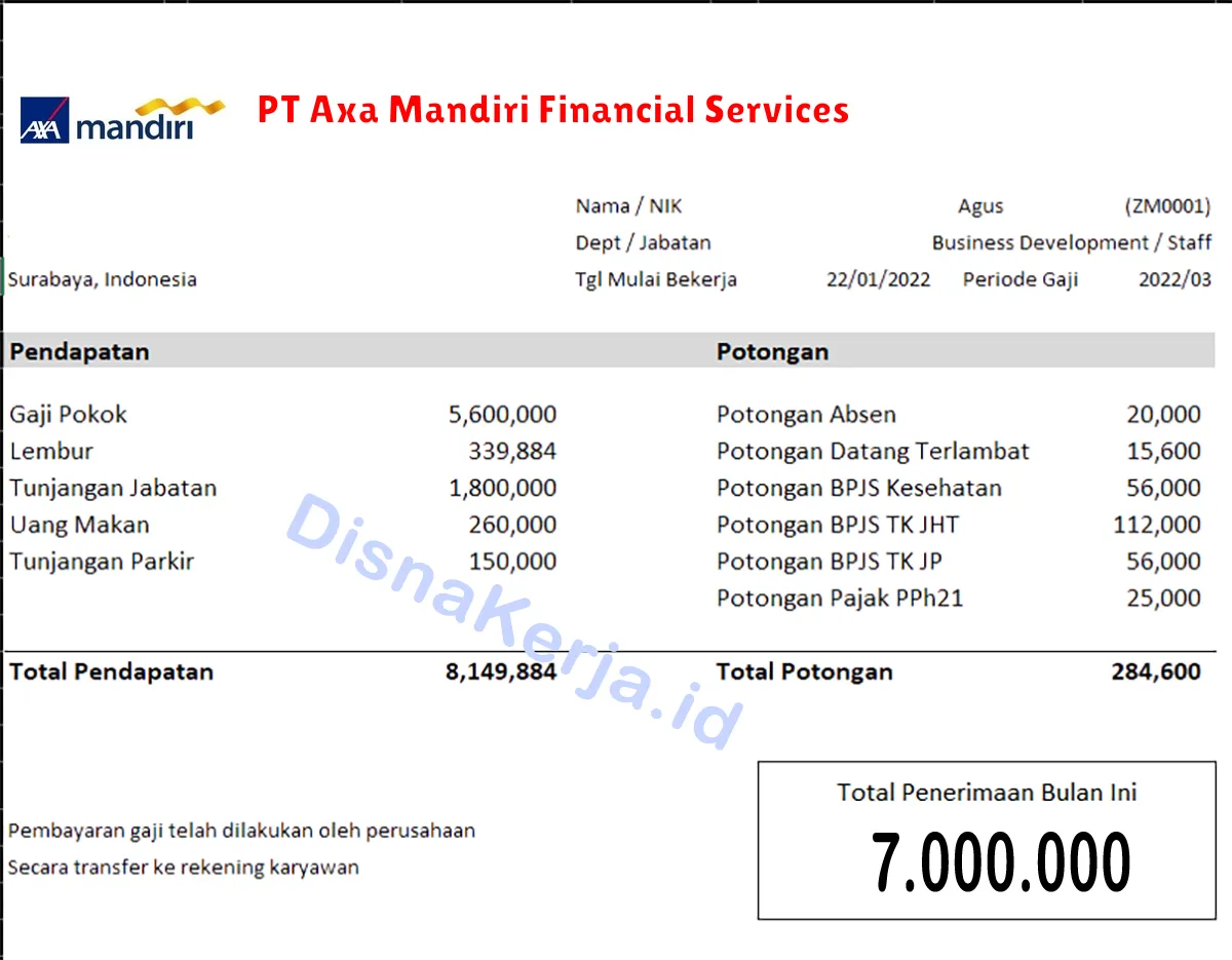 Slip Gaji PT Axa Mandiri Financial Services