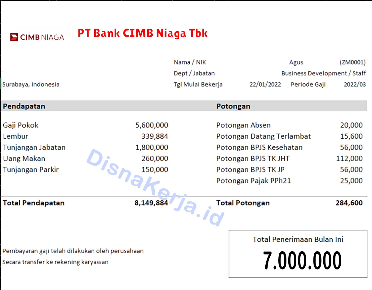 Slip Gaji PT Bank CIMB Niaga Tbk