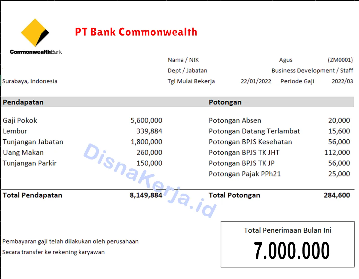 Slip Gaji PT Bank Commonwealth