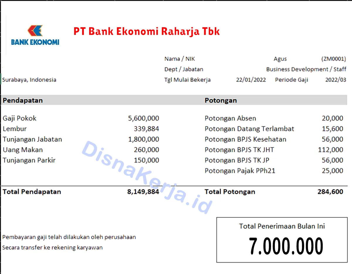 Slip Gaji PT Bank Ekonomi Raharja Tbk