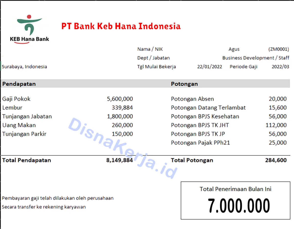 Slip Gaji PT Bank Keb Hana Indonesia