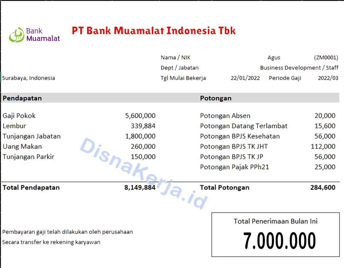 Slip Gaji PT Bank Muamalat Indonesia Tbk