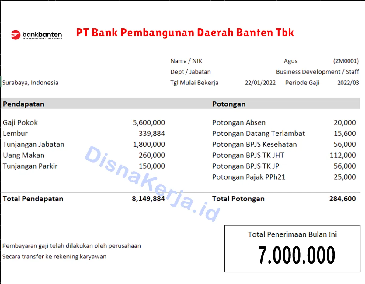 Slip Gaji PT Bank Pembangunan Daerah Banten Tbk