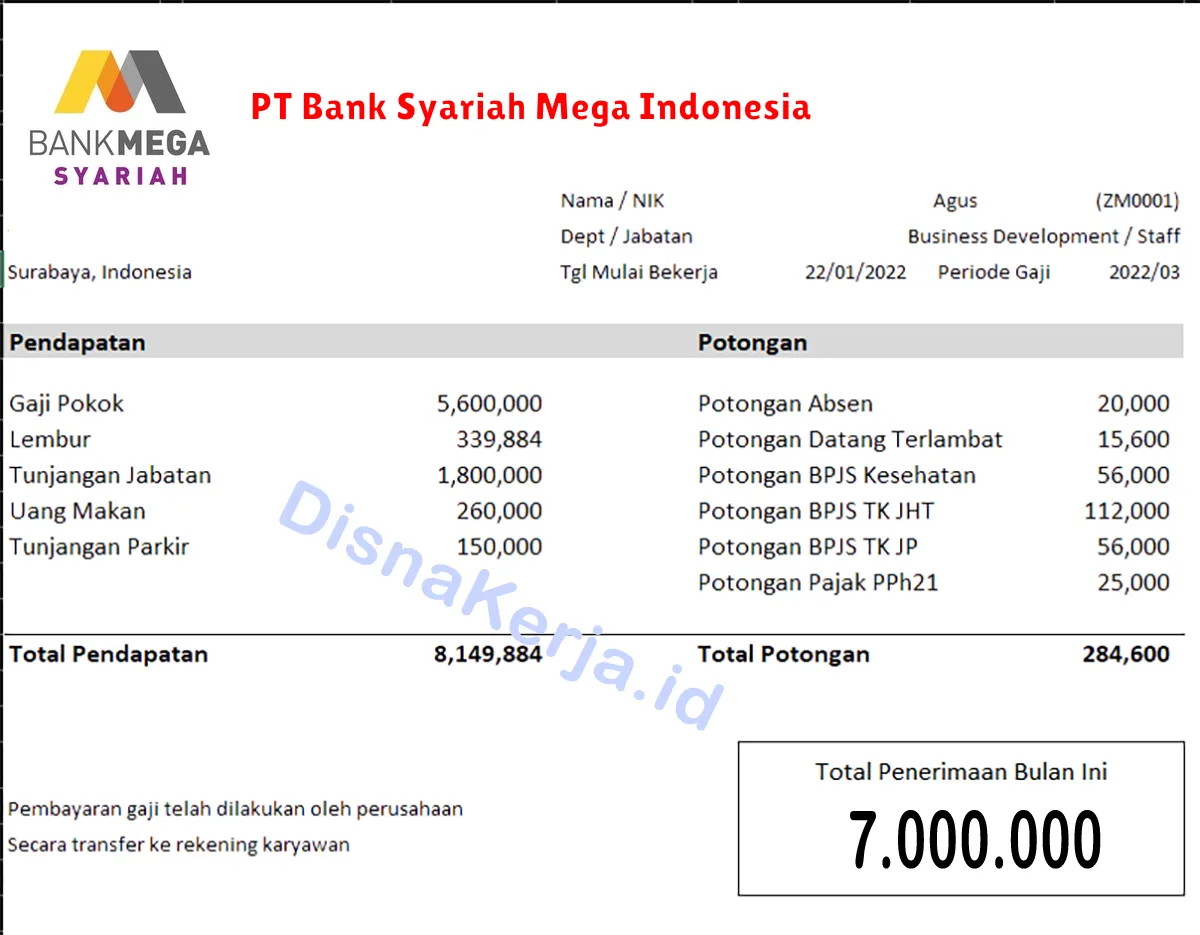 Slip Gaji PT Bank Syariah Mega Indonesia