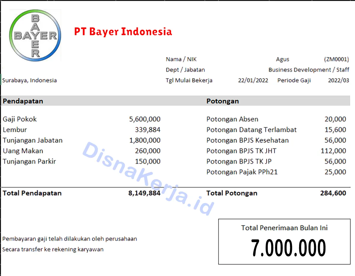 Slip Gaji PT Bayer Indonesia