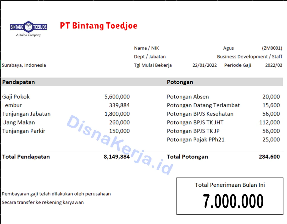 Slip Gaji PT Bintang Toedjoe