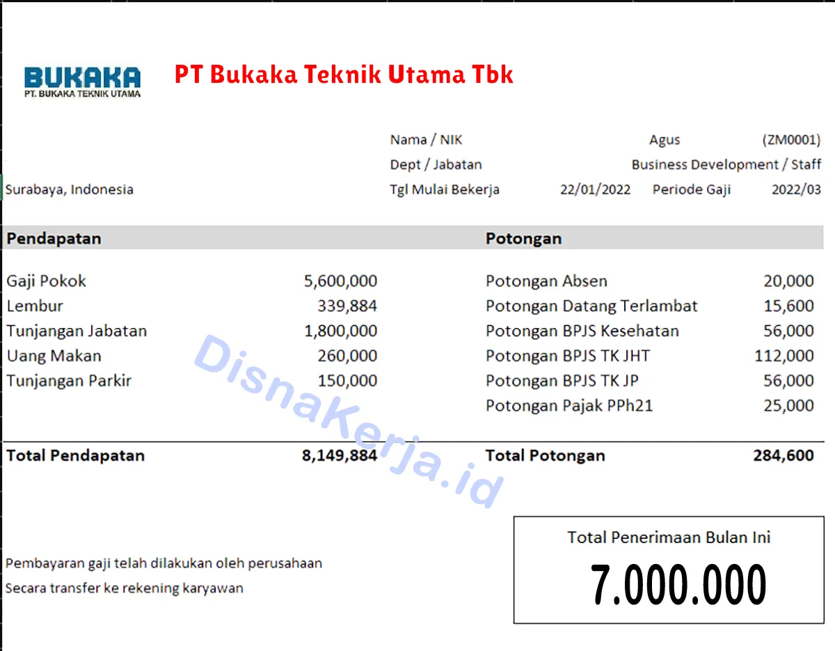 Slip Gaji PT Bukaka Teknik Utama Tbk