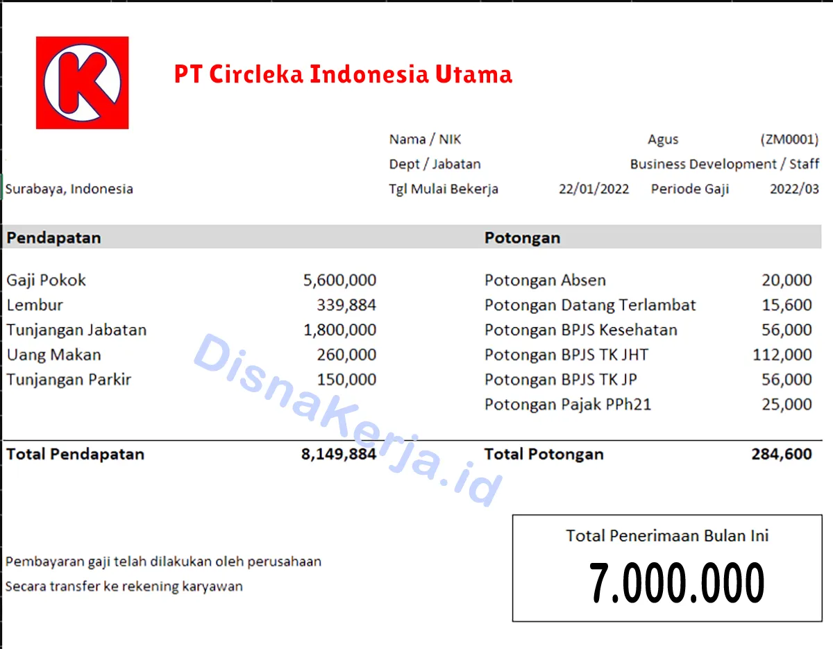 Slip Gaji PT Circleka Indonesia Utama 