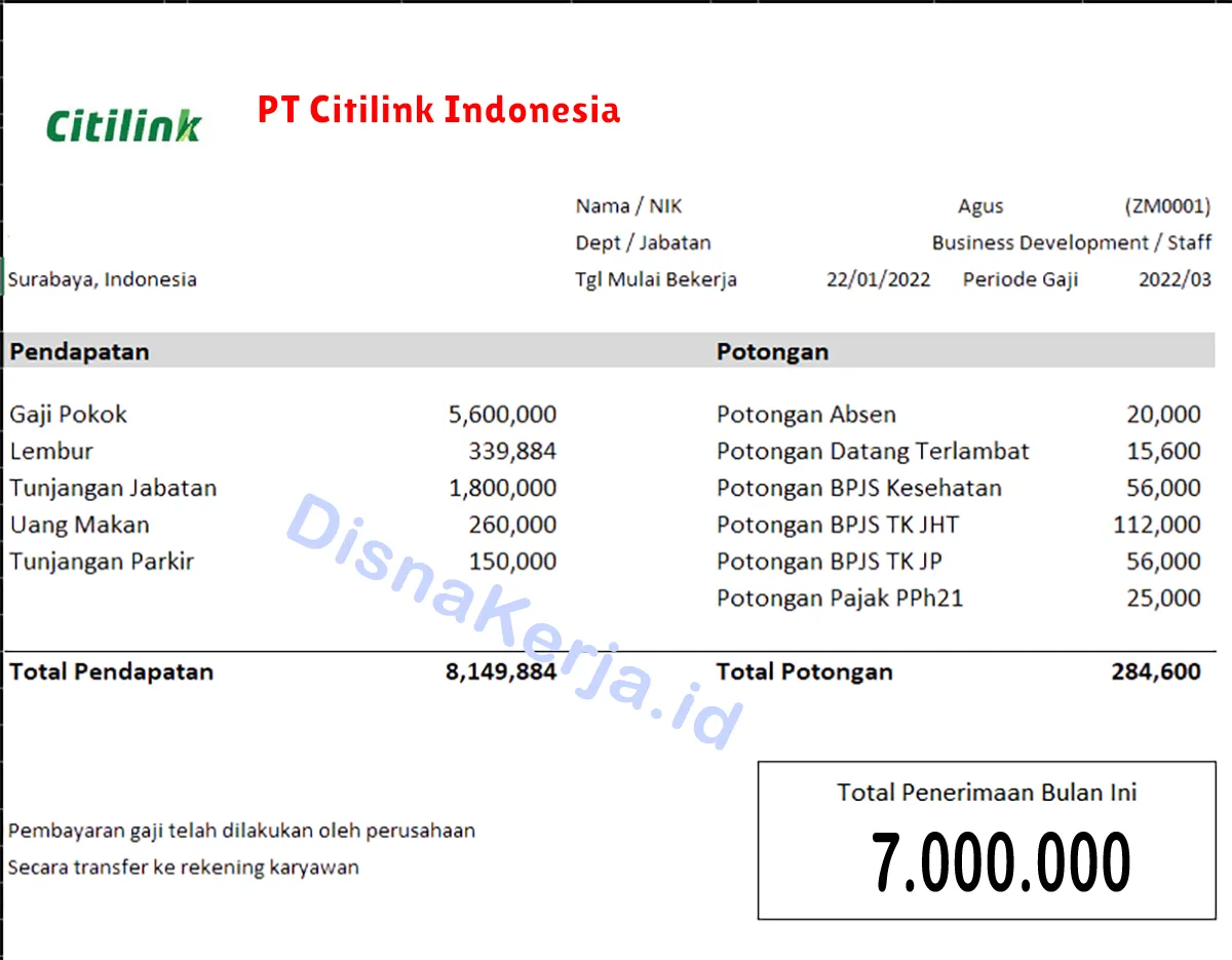 Slip Gaji PT Citilink Indonesia