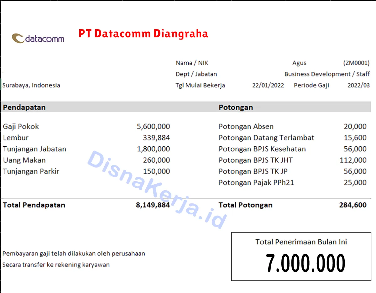 Slip Gaji PT Datacomm Diangraha