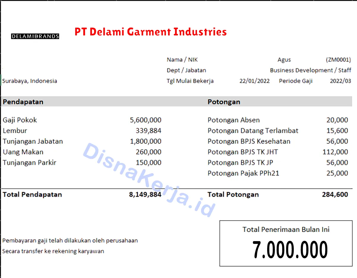 Slip Gaji PT Delami Garment Industries