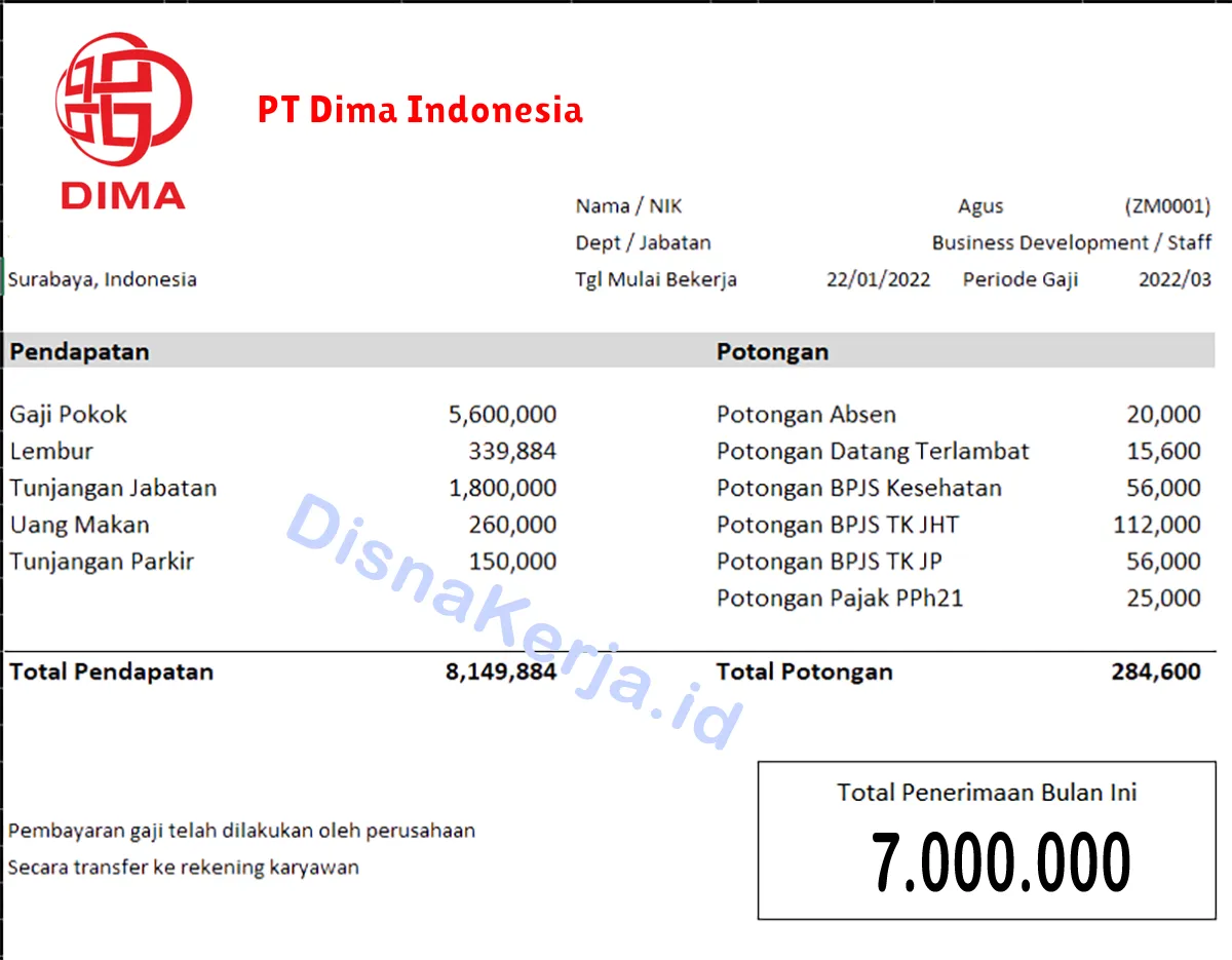 Slip Gaji PT Dima Indonesia