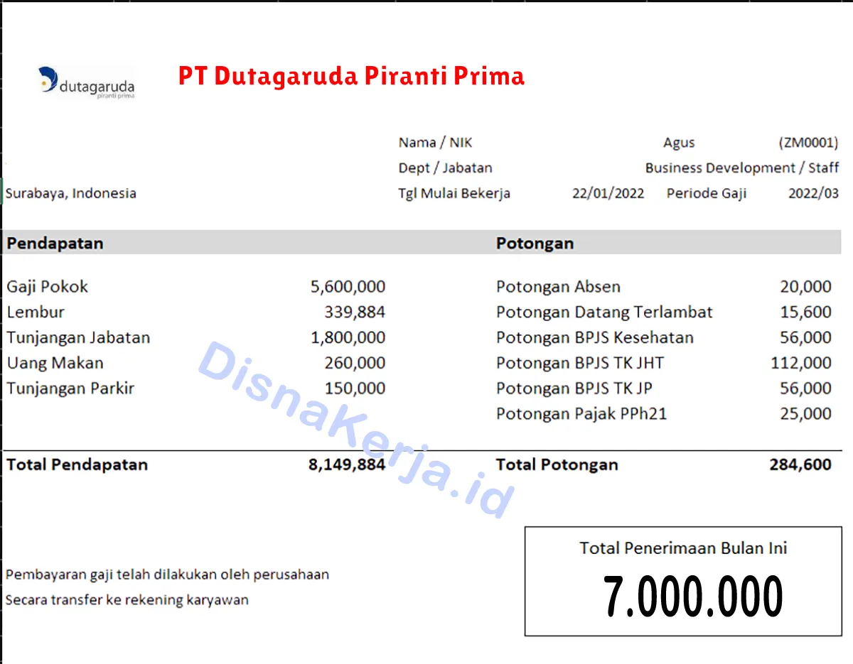 Slip Gaji PT Dutagaruda Piranti Prima