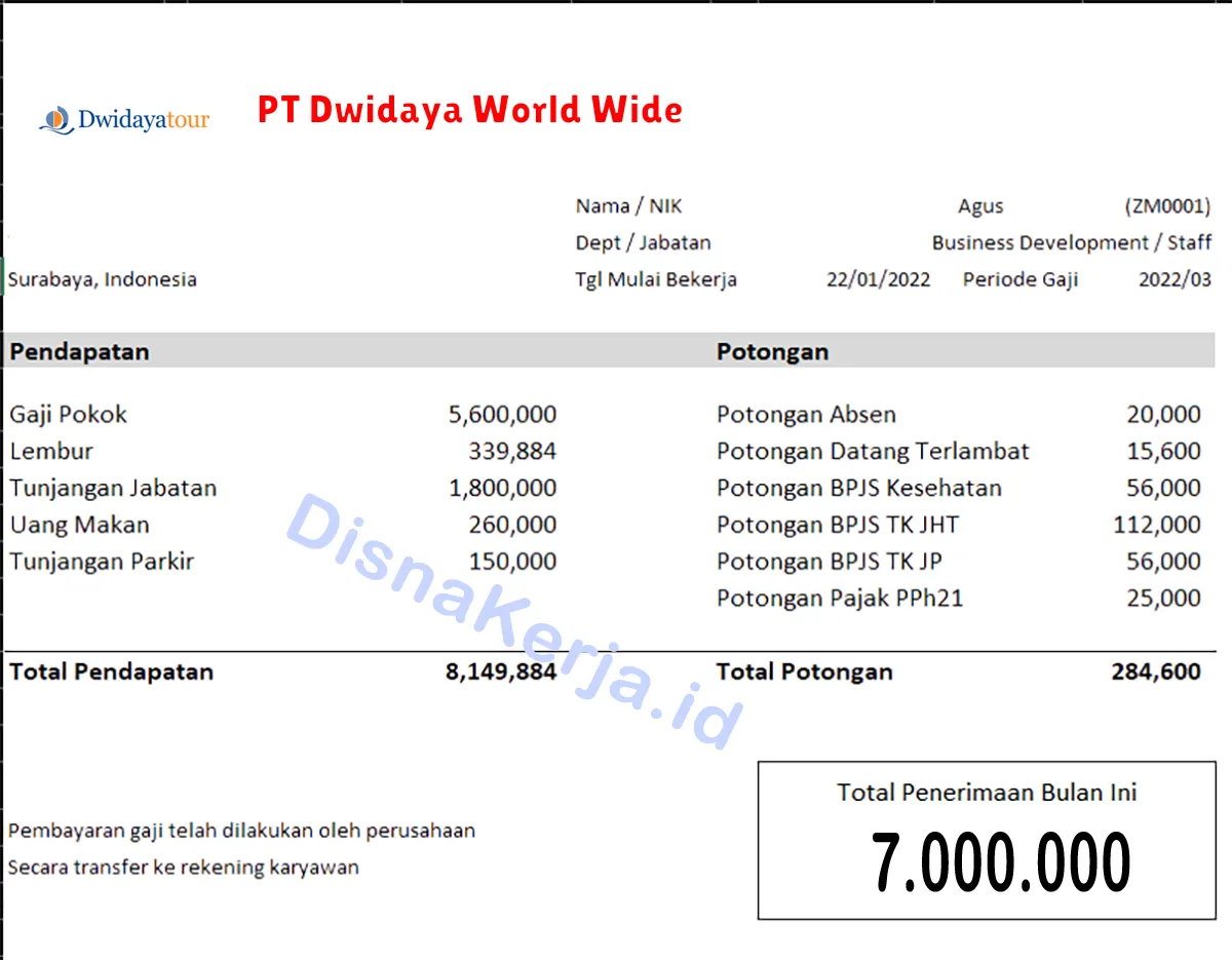 Slip Gaji PT Dwidaya World Wide