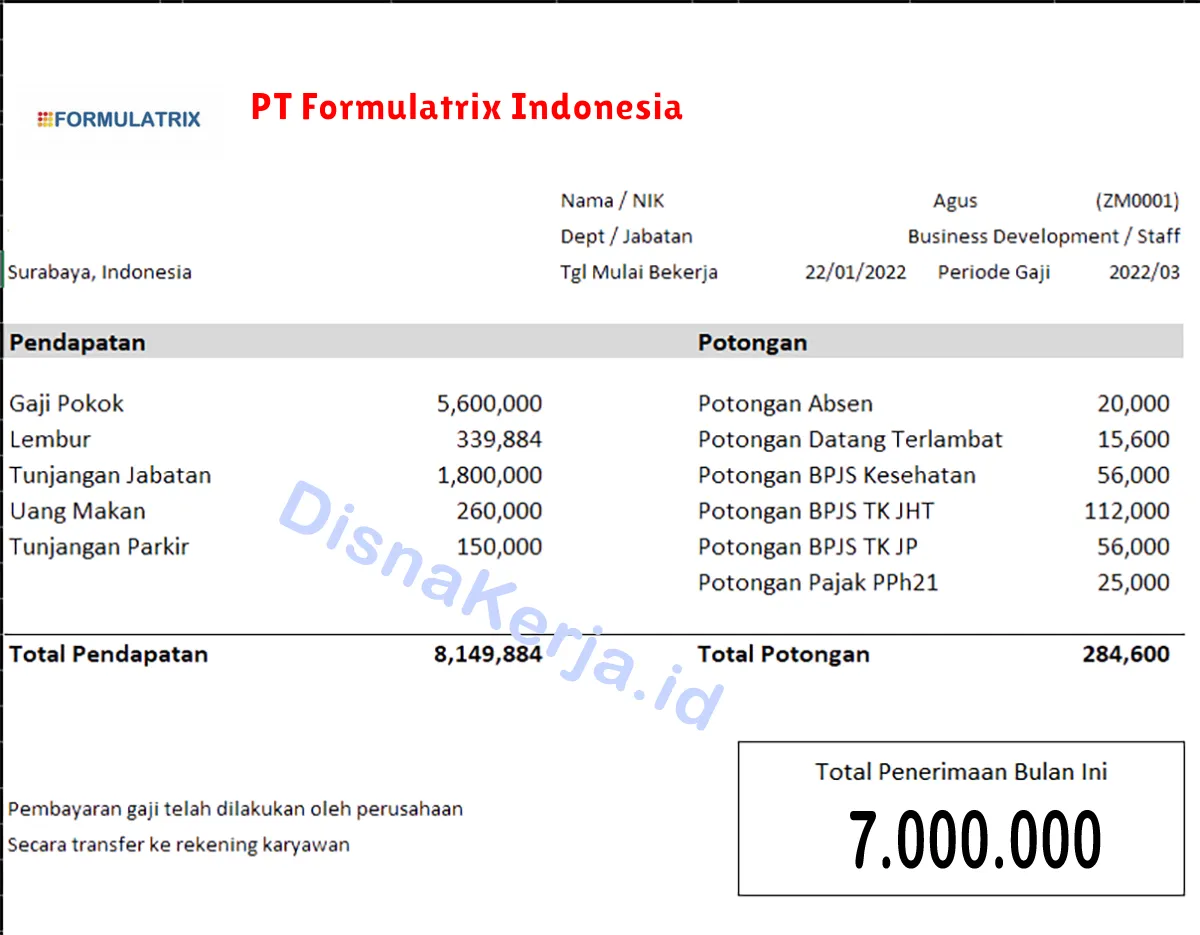 Slip Gaji PT Formulatrix Indonesia