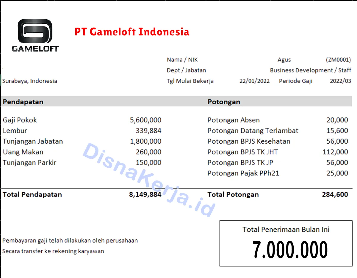 Slip Gaji PT Gameloft Indonesia