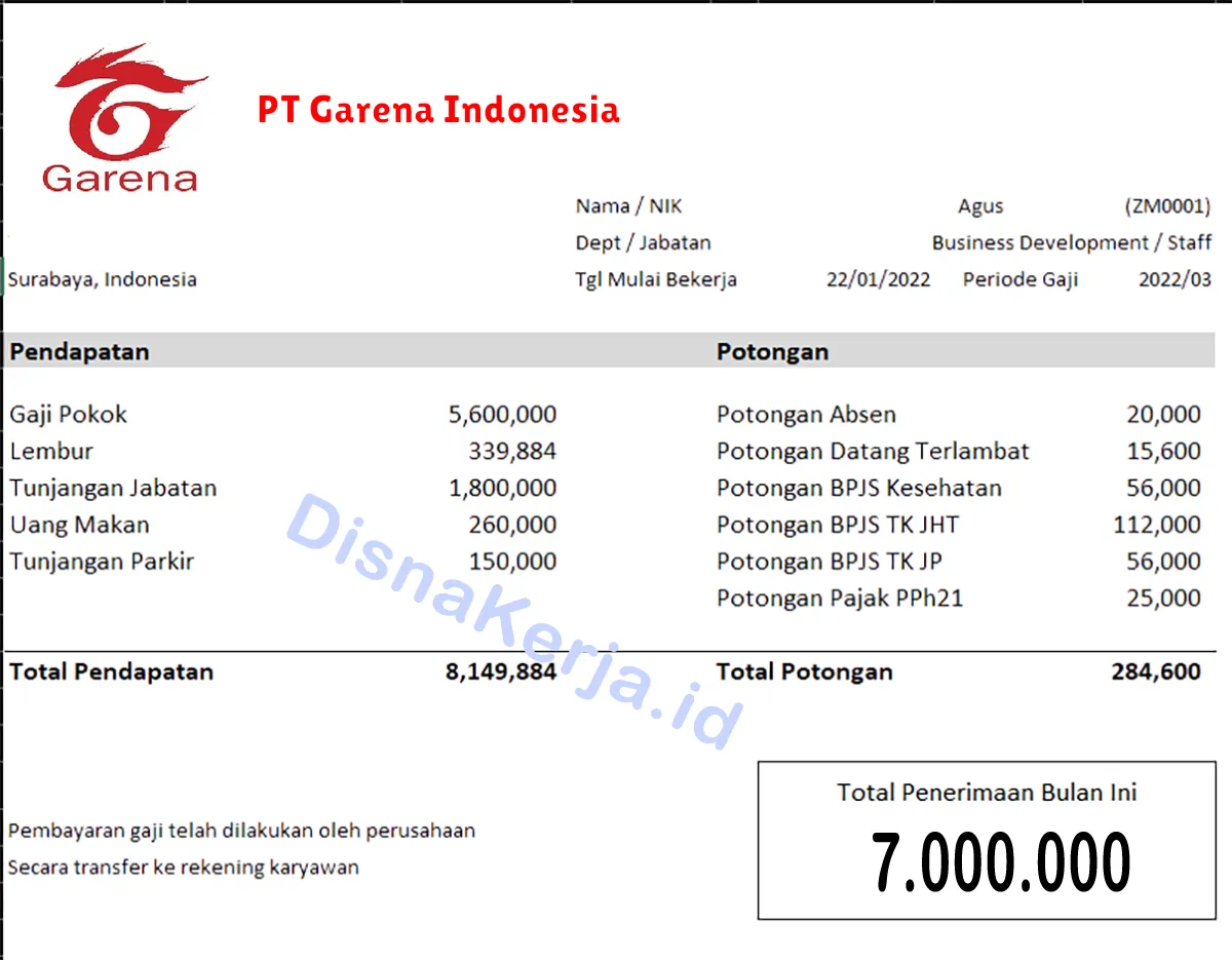 Slip Gaji PT Garena Indonesia