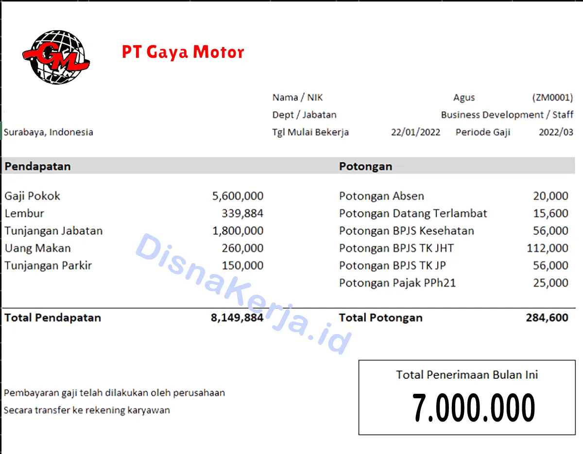 Slip Gaji PT Gaya Motor