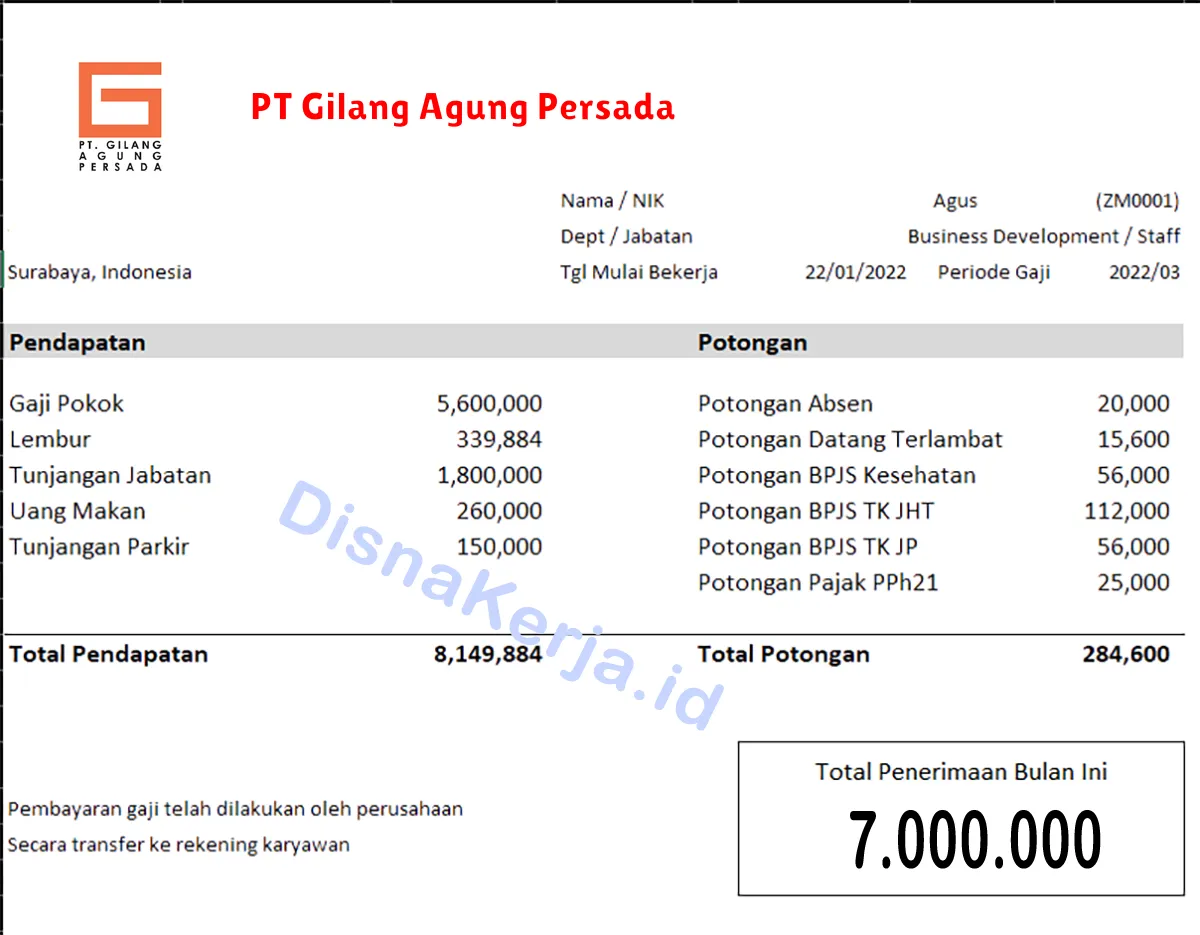 Slip Gaji PT Gilang Agung Persada