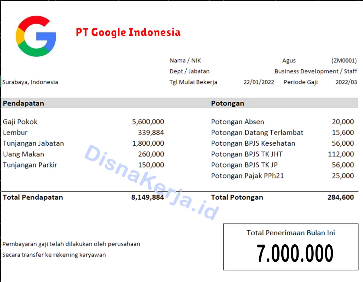 Slip Gaji PT Google Indonesia