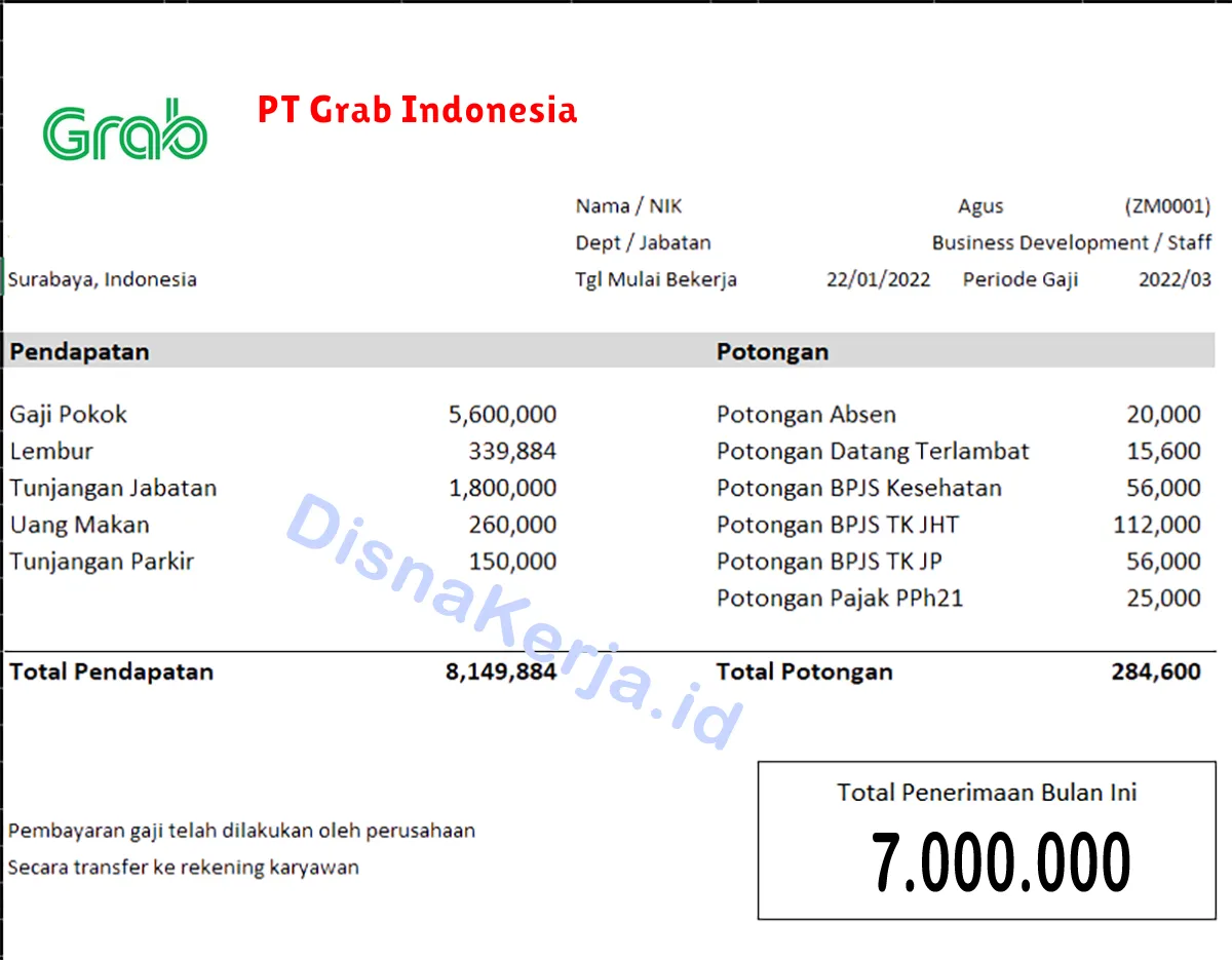 Slip Gaji PT Grab Indonesia