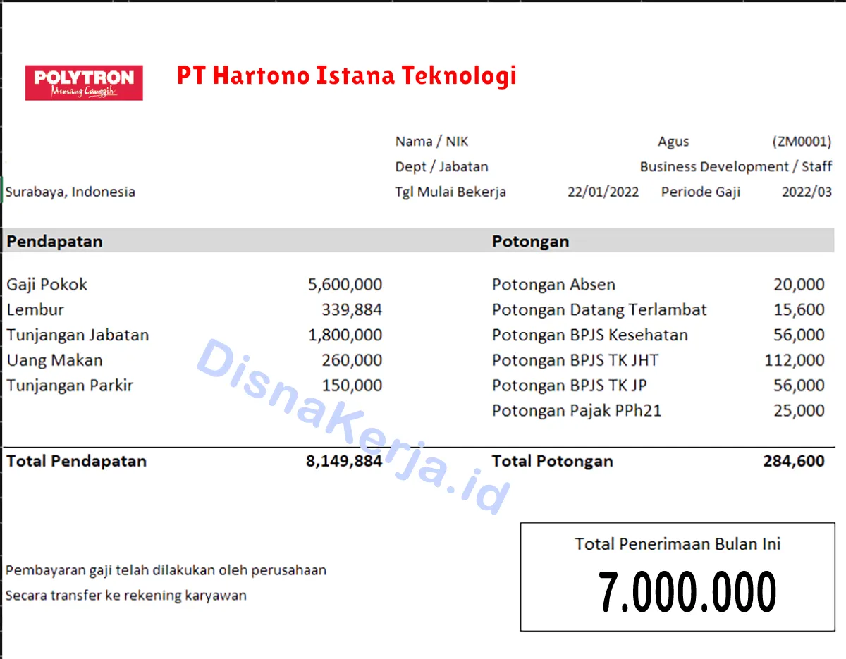 Slip Gaji PT Hartono Istana Teknologi