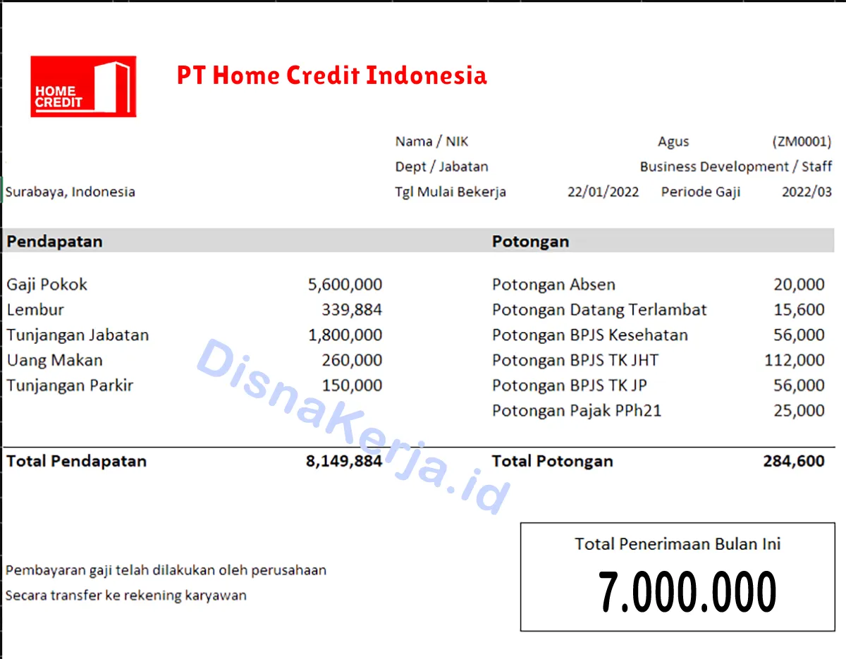 Slip Gaji PT Home Credit Indonesia