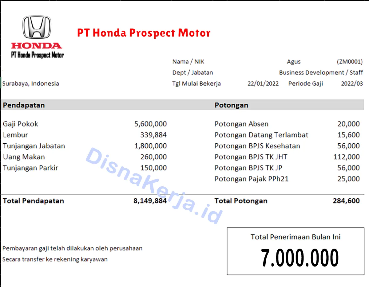 Slip Gaji PT Honda Prospect Motor