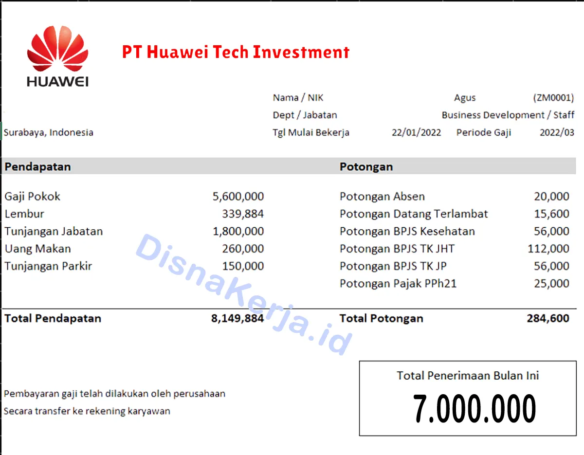 Slip Gaji PT Huawei Tech Investment