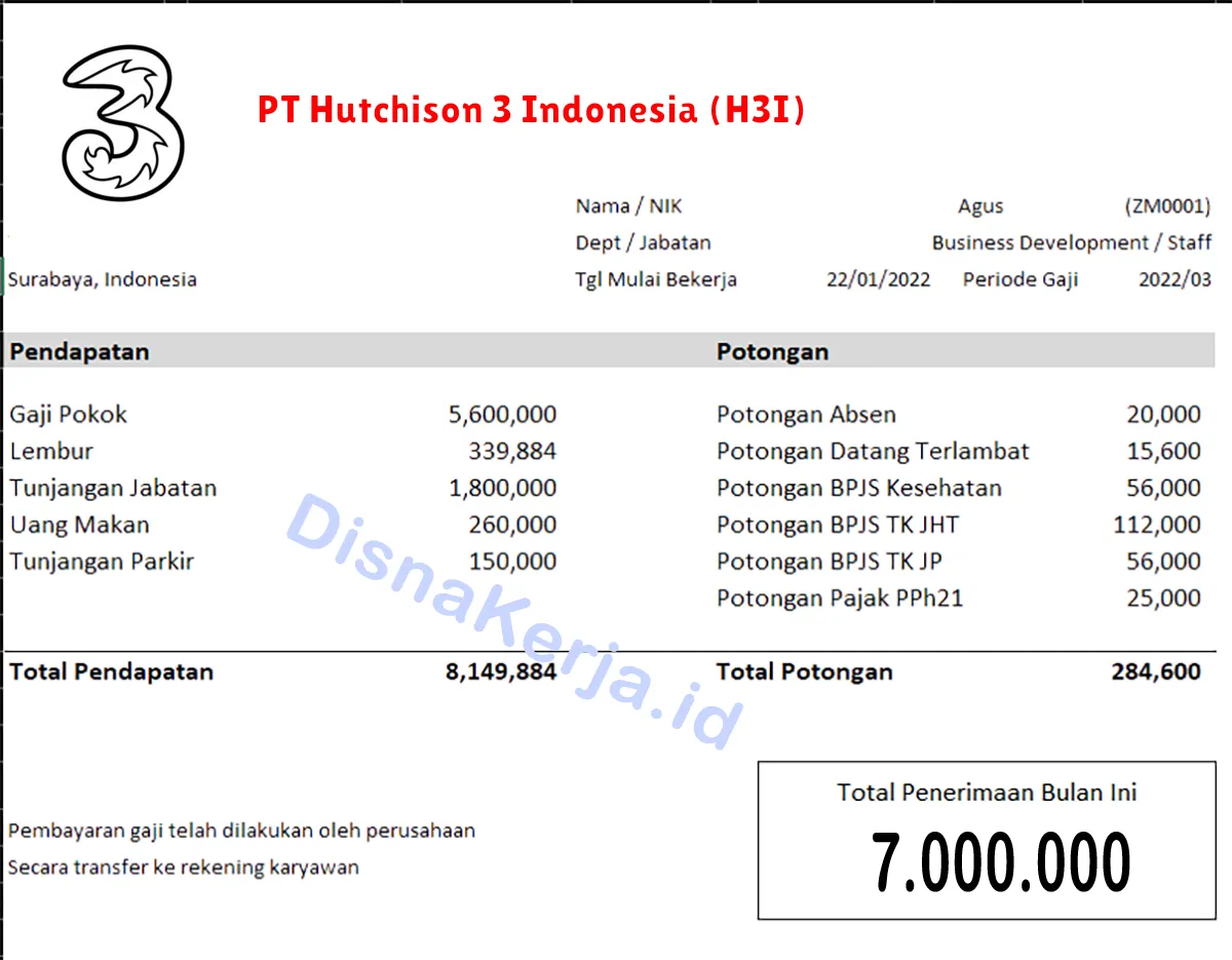 Slip Gaji PT Hutchison 3 Indonesia (H3I)