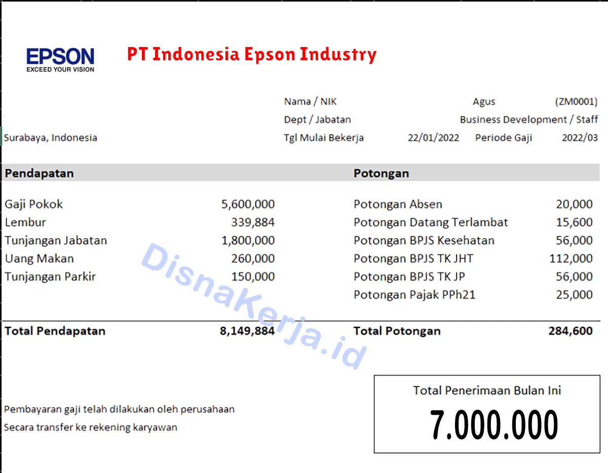 Slip Gaji PT Indonesia Epson Industry