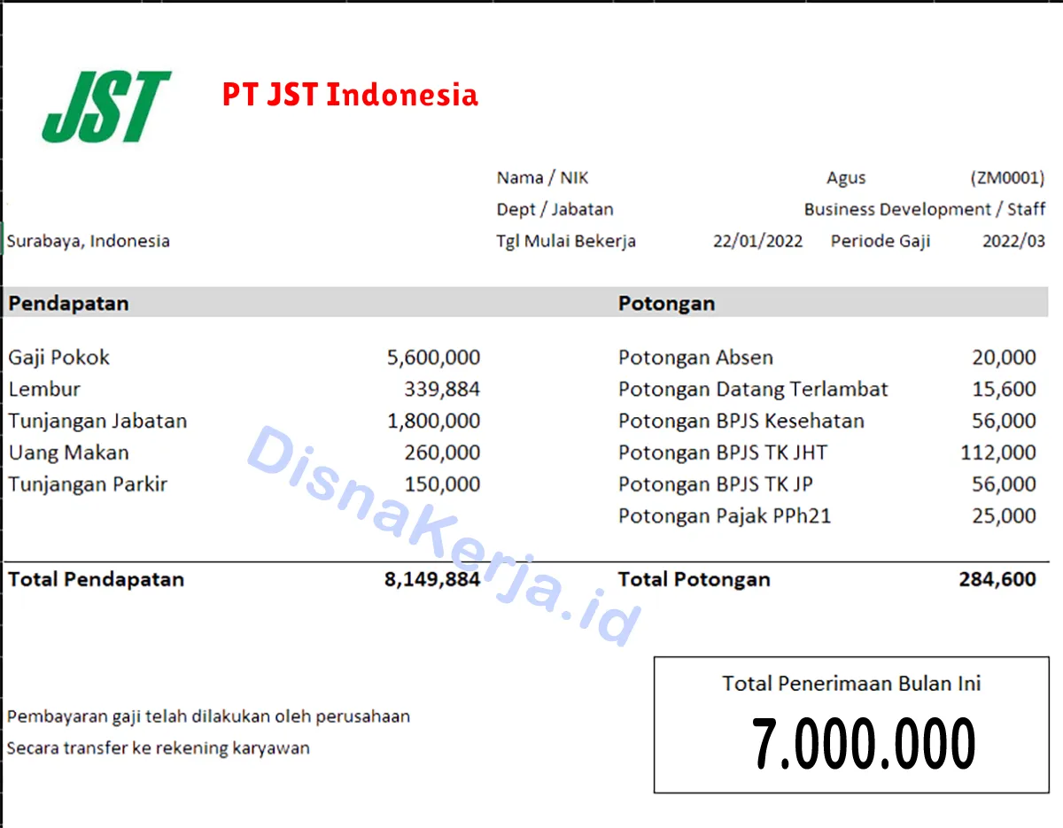 Slip Gaji PT JST Indonesia