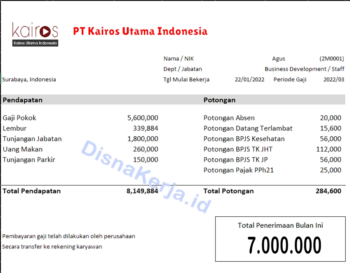 Slip Gaji PT Kairos Utama Indonesia